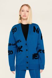 Cardigan grunge laine logo Sonia Rykiel femme Bleu canard vue portée de face