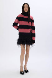 Brushed striped sweater in wool blend Striped black/pink front worn view
