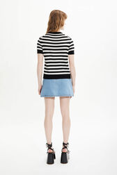 Women Poor Boy Striped Short Sleeve Sweater Black/white back worn view