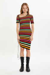 Striped short-sleeved mini dress with asymmetric collar Multico striped front worn view