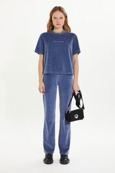 Short-sleeved velvet t-shirt Blue grey front worn view