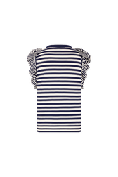 Pull manches courtes rayé à volants Raye blanc / bleu vue de dos