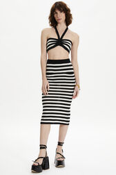 Women Poor Boy Striped Wool Maxi Skirt Black/white front worn view