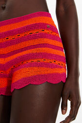 Women Two-Colour Openwork Striped Shorts Striped fuchsia/coral details view 2