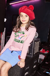 Long-Sleeved Oversized Printed Girl T-shirt Pink front worn view