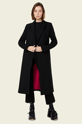 Women Long Black Wool Blend Coat Black front worn view