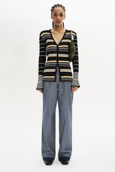 Long-Sleeved V-Neck Cardigan Black/ecru front worn view