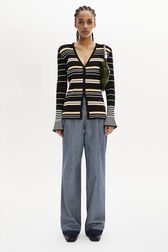 Striped Knit V-Neck Cardigan Black/ecru front worn view