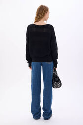 Pull col rond à manches longues en crochet coton ajouré Noir vue portée de dos