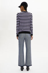 Striped Long-Sleeved Crew Neck Sweater Striped black/lilac back worn view