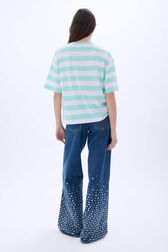 Striped short-sleeved crew-neck T-shirt White/mint stripe back worn view