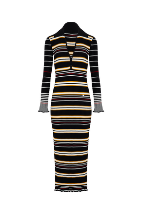 Striped Knit Polo-Collar Dress Black/ecru front view