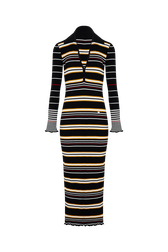 Striped Knit Polo-Collar Dress Black/ecru front view
