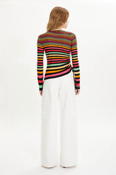 Striped long-sleeved sweater with asymmetric collar Multico striped back worn view