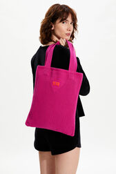 Women Heart Print Crochet Bag Fuchsia front worn view