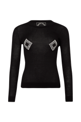 Women's Knitted Jumper with Rhinestone Motif Black front view