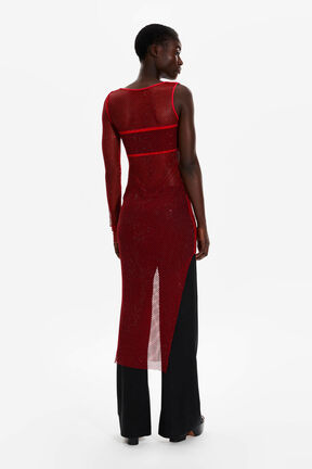 Women Asymmetric Slit Long Dress Red back worn view