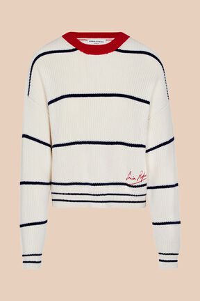 Women Striped Contrast Trim Sweater Ecru front view