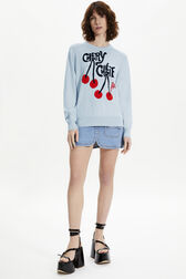 Women Cherry Print Sweater Baby blue front worn view