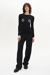 Women's Knitted Jumper with Rhinestone Motif Black front worn view