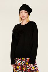 Women Wool Flowers Sweater Black front worn view