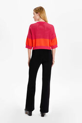 Women Two-Tone Fishnet Crop Top Striped fuchsia/coral back worn view