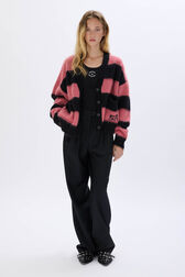 Brushed striped cardigan in wool blend Striped black/pink front worn view