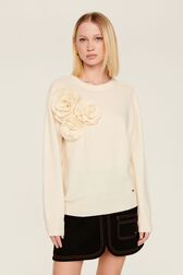 Women Wool Flowers Sweater Ecru front worn view