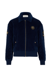 Quilted velvet bomber jacket Blue duck front view