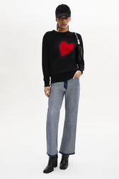 Women Heart Print Sweater Black front worn view