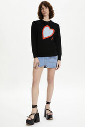 Women Heart Print Sweater Black front worn view