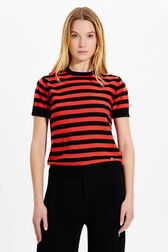 Women Poor Boy Striped Short Sleeve Sweater Striped black/coral details view 1