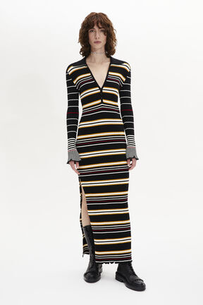 Striped Knit Polo-Collar Dress Black/ecru front worn view