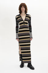 Striped Knit Polo-Collar Dress Black/ecru front worn view