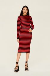 Women Poor Boy Striped Wool Maxi Skirt Black/red front worn view