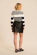 Women Striped Shoulder Button Sweater Black/white back worn view
