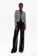 Women Poorboy knitted striped cardigan Black/white front worn view