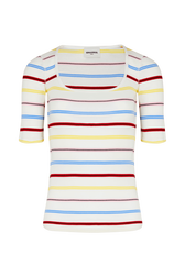 T-shirt col ouvert picots rayé multicolore femme Multico raye blanc vue de face