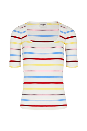 Women Picot Multicolor Striped Open Neck T-Shirt Multico white striped front view