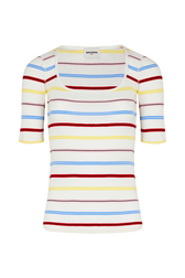 Women Picot Multicolor Striped Open Neck T-Shirt Multico white striped front view
