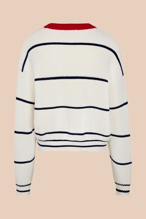 Women Striped Contrast Trim Sweater Ecru back view
