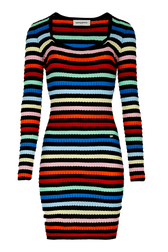 Women Square Neck Short Dress Multico striped front view