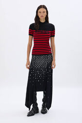 Striped short-sleeved woolen sweater Black/red front worn view