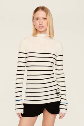 Hoodie laine côtelée femme Raye noir/ecru vue portée de face