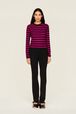 Women Brushed Poor Boy Striped Sweater Black/fuchsia front worn view