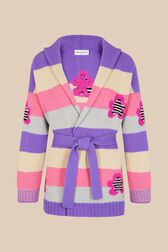 Women Multicolor Pastel Striped Belted Cardigan Lilac front view