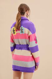 Cardigan ceinturé rayé multicolore pastel femme Lilas vue portée de dos