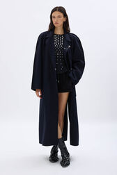 Oversized reversable coat Navy front worn view