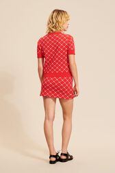 Women Jacquard Short Sleeve Sweater Red back worn view