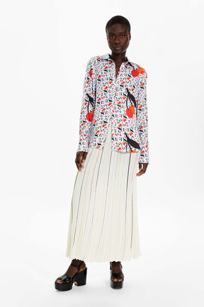 Women Multicolor Striped Long Pleated Skirt Ecru front worn view
